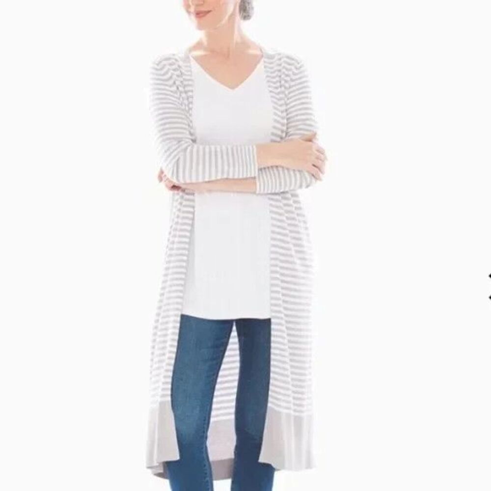 SOMA Open Front Long Cardigan Duster Women Medium Gray Stripe Lightweight Preppy